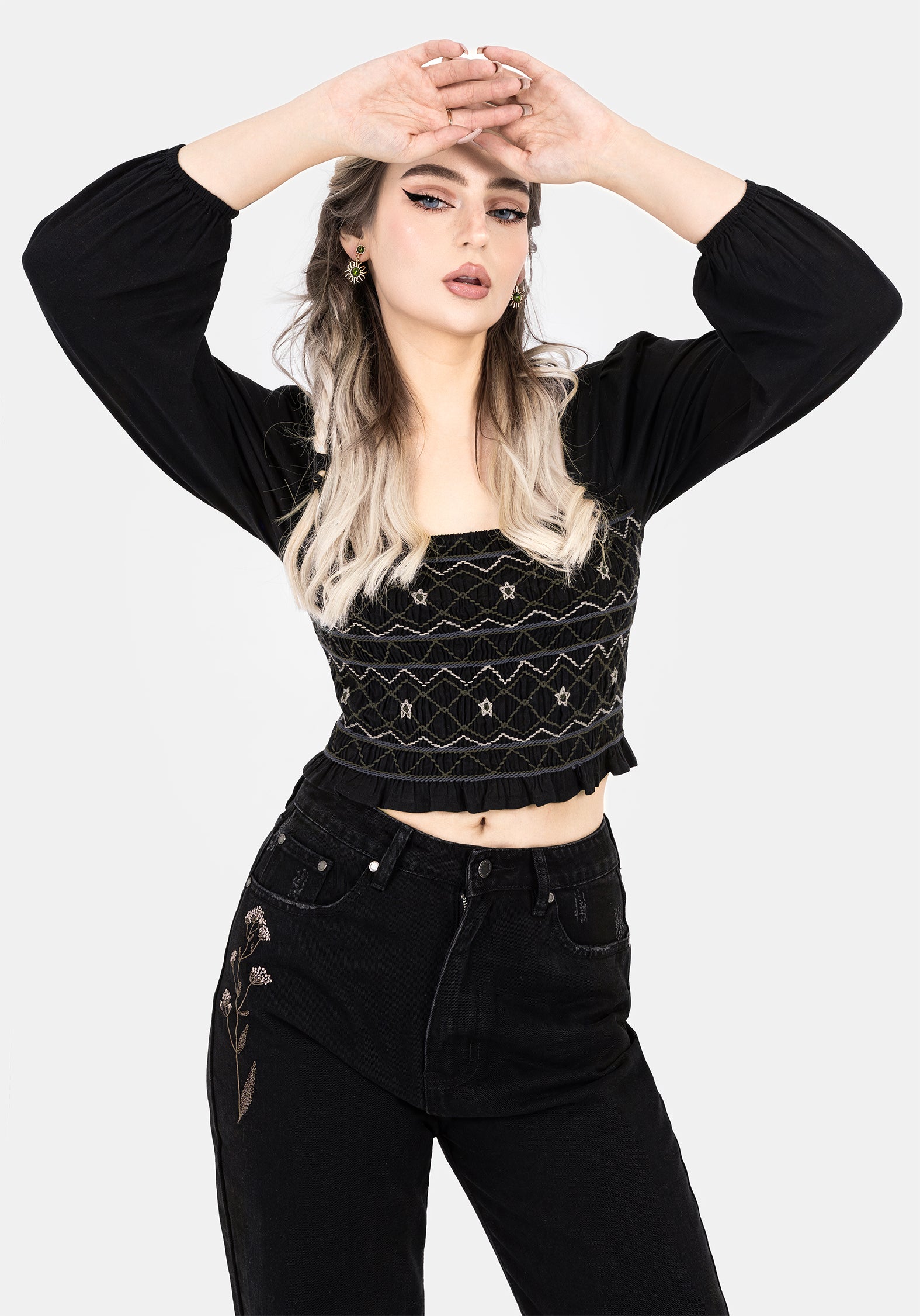 Larissa Hand Embroidered Smocked Puff Sleeve Top