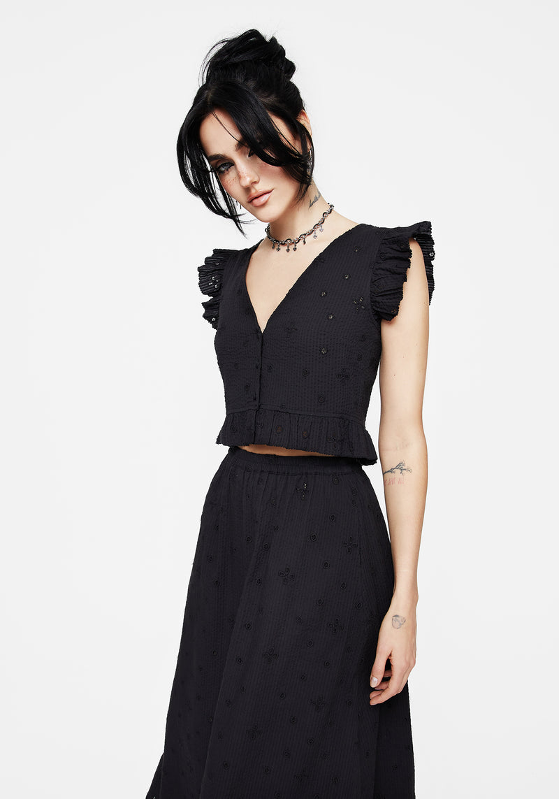 Crux Broderie Button Up Sleeveless Blouse Top