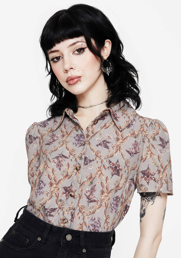 Blossom Floral Tile Printed Cropped Button Up Shirt