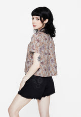 Blossom Floral Tile Printed Cropped Button Up Shirt