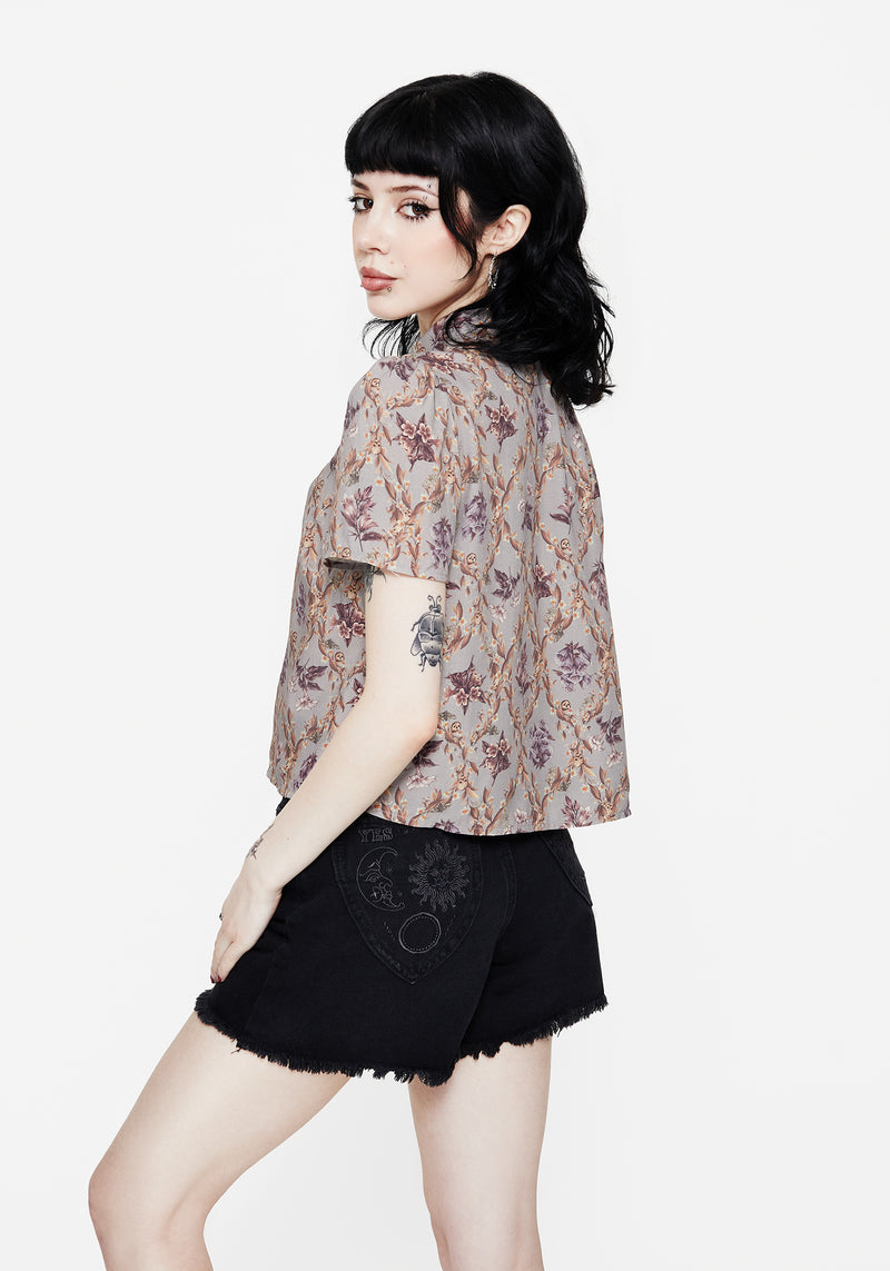 Blossom Floral Tile Printed Cropped Button Up Shirt