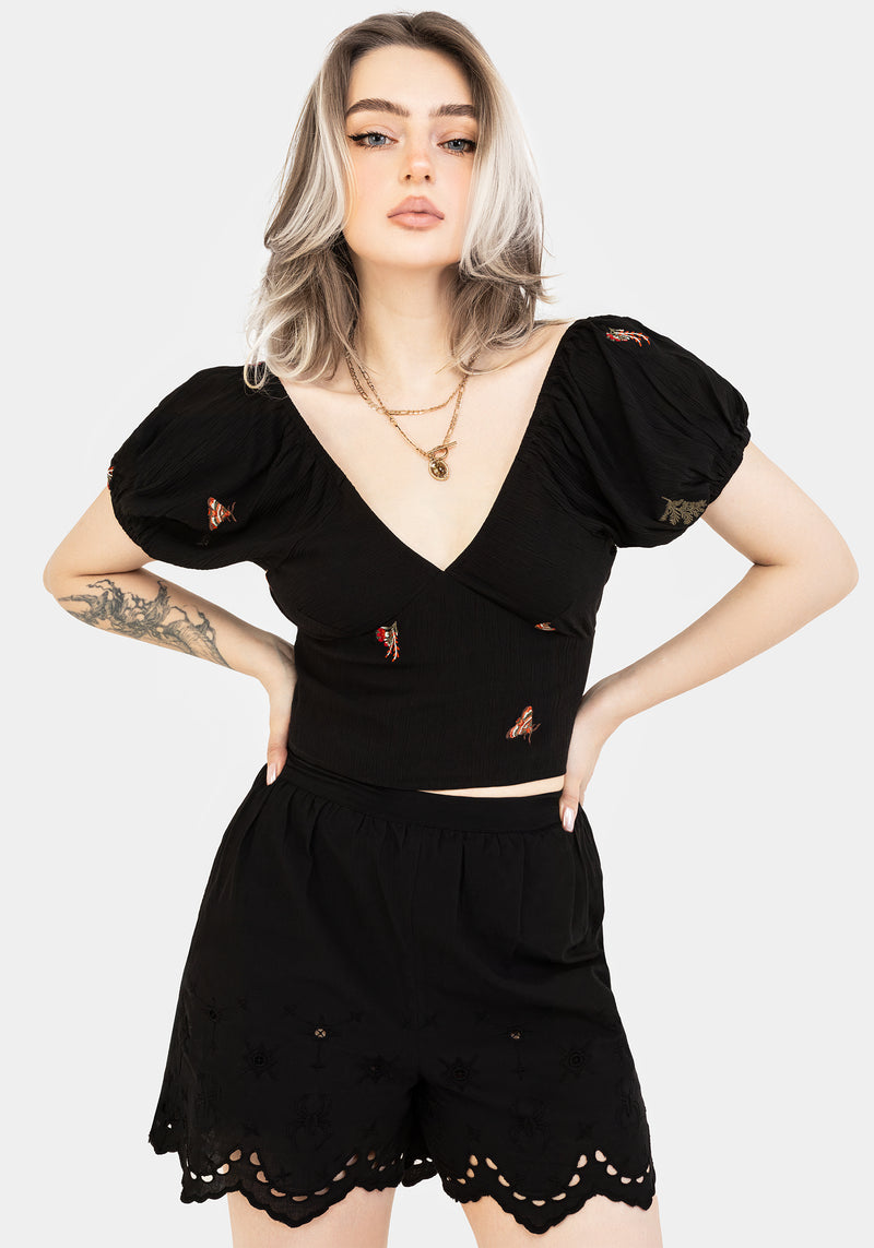 Copia Moth Embroidered Cotton Puff Sleeve Top