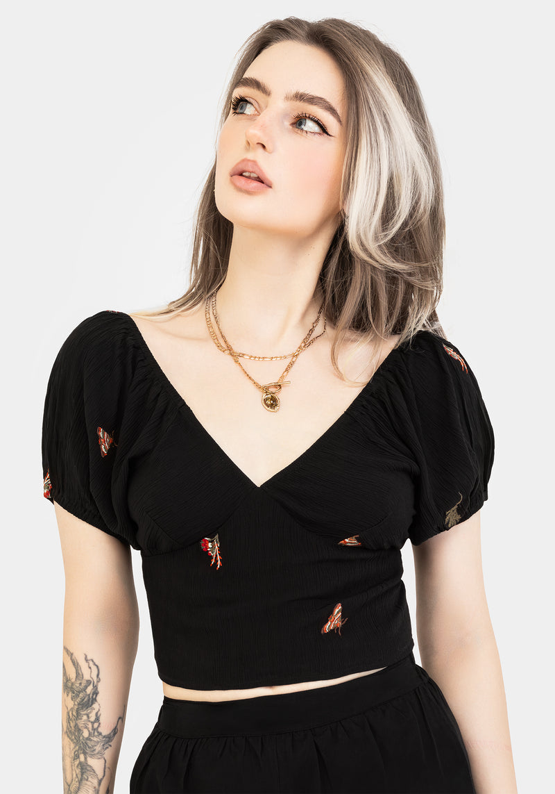 Copia Moth Embroidered Cotton Puff Sleeve Top