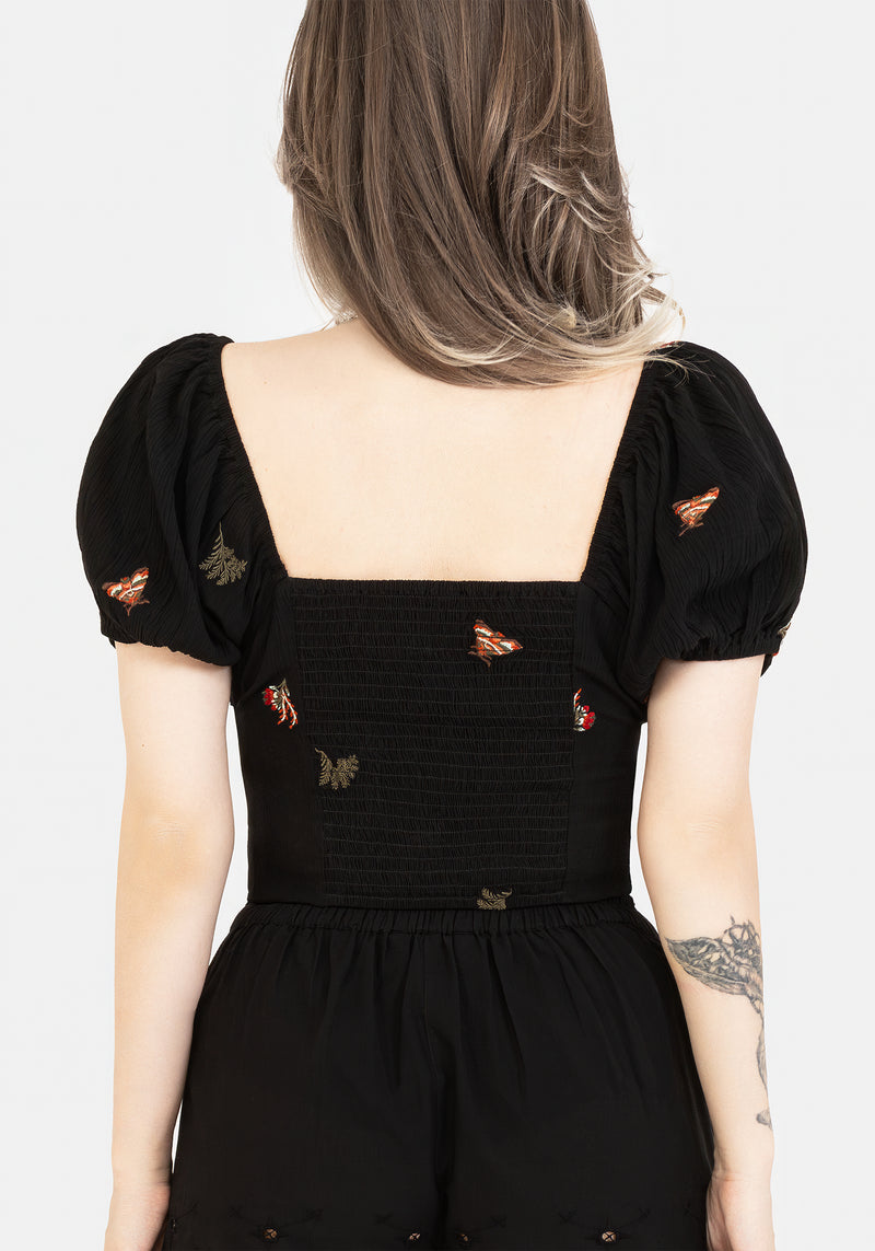 Copia Moth Embroidered Cotton Puff Sleeve Top