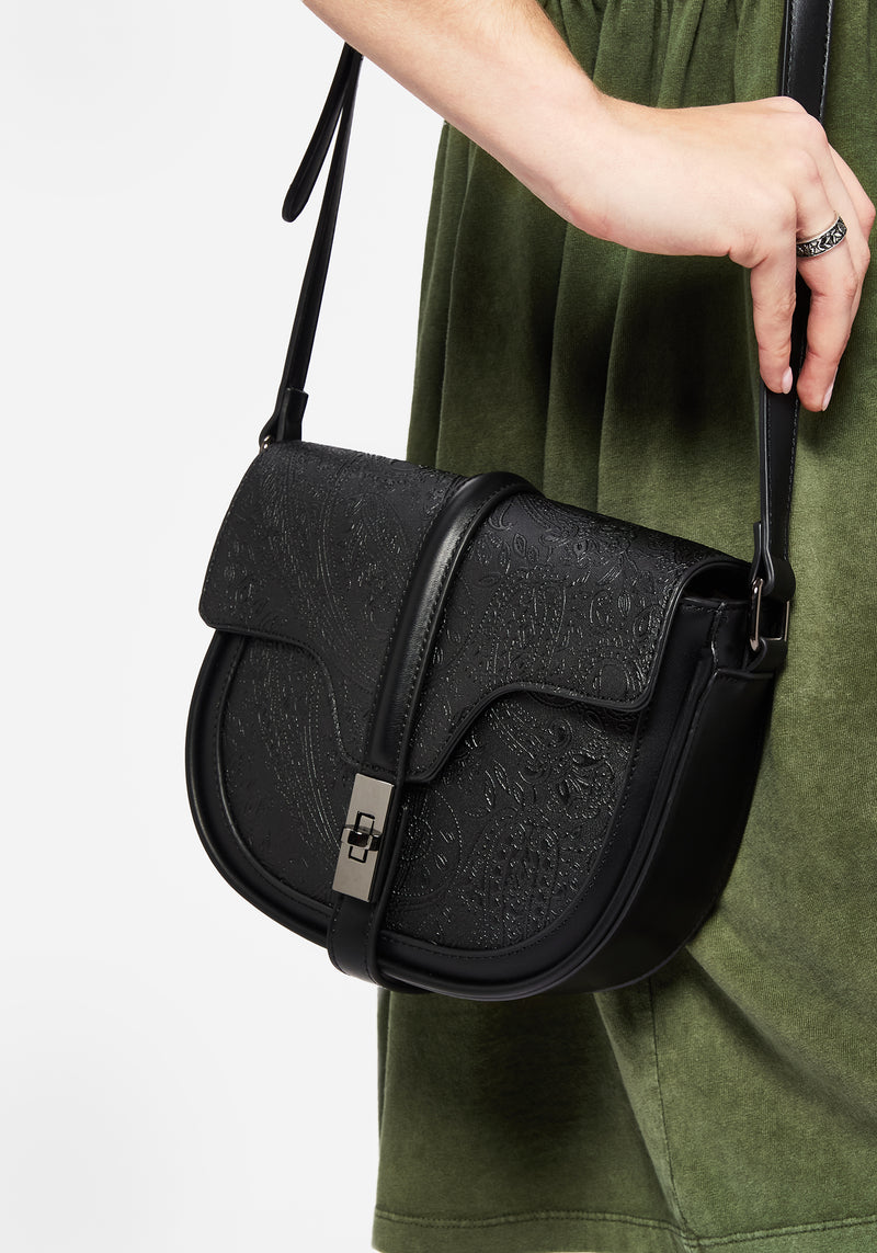 Cypress Paisley Debossed Crossbody Satchel Bag - Black