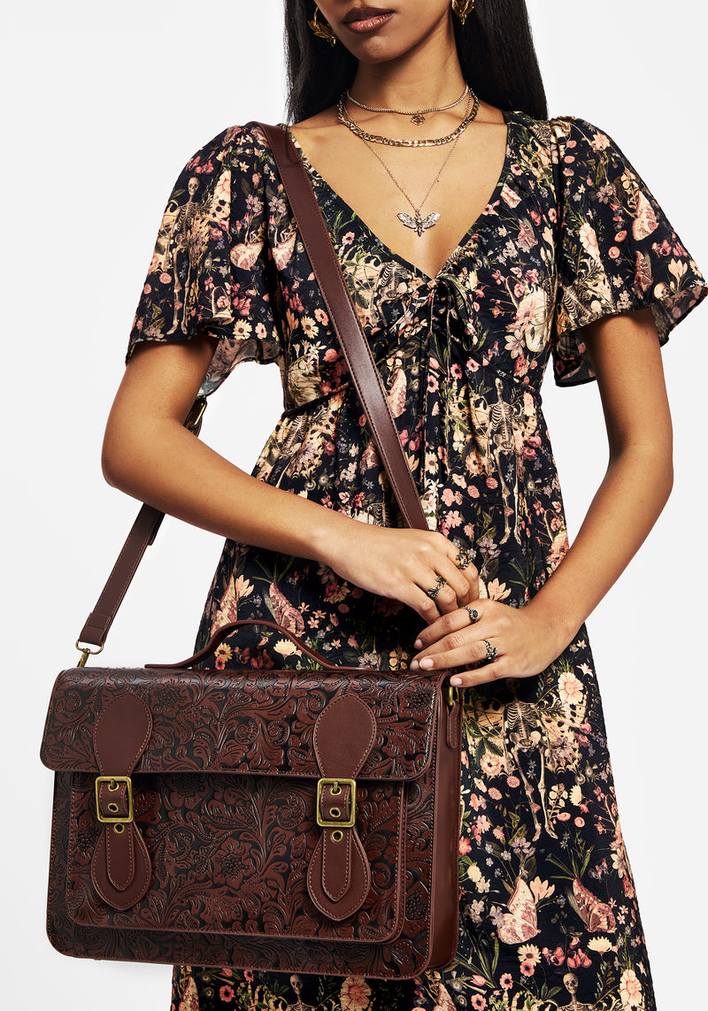 Sunder Floral Debossed Crossbody Satchel Bag