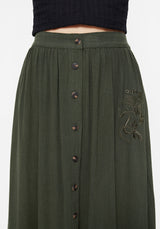 Foliate Linen-Blend Embroidered Button Up Midaxi Skirt - Green