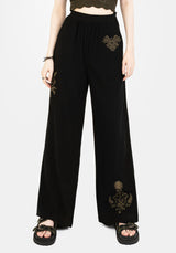 Foliate Linen-Blend Embroidered Wide Leg Trousers - Black
