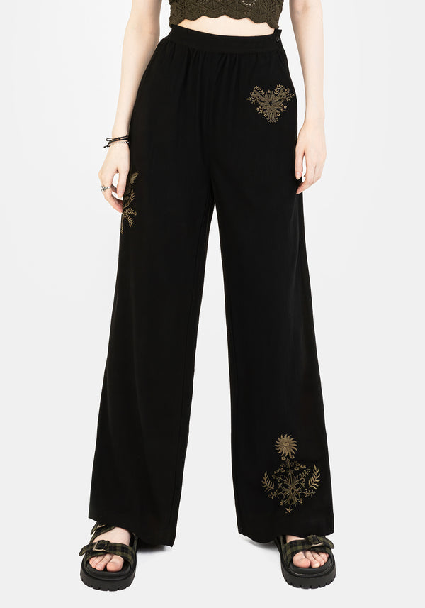 Foliate Linen-Blend Embroidered Wide Leg Trousers - Black