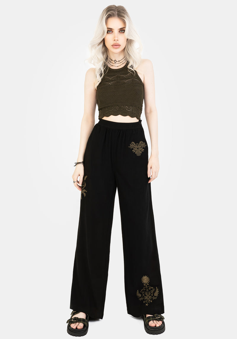 Foliate Linen-Blend Embroidered Wide Leg Trousers - Black