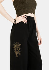 Foliate Linen-Blend Embroidered Wide Leg Trousers - Black