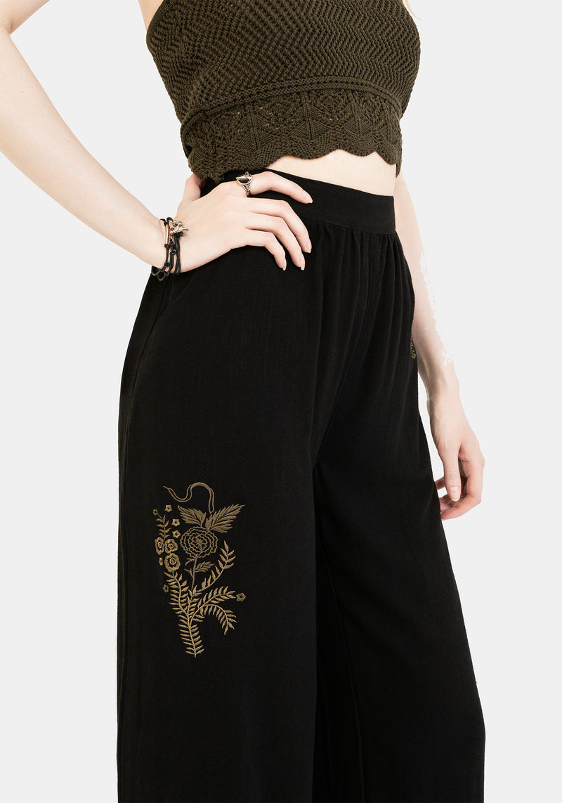 Foliate Linen-Blend Embroidered Wide Leg Trousers - Black