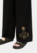 Foliate Linen-Blend Embroidered Wide Leg Trousers - Black