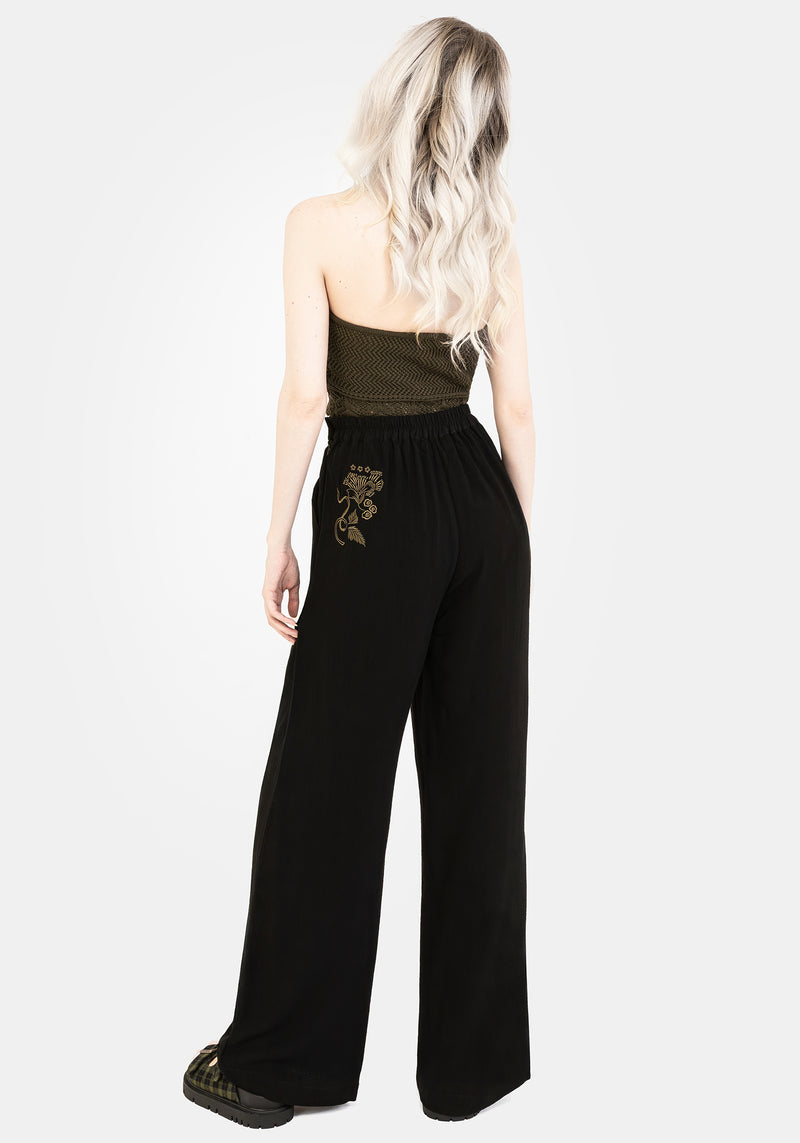 Foliate Linen-Blend Embroidered Wide Leg Trousers - Black
