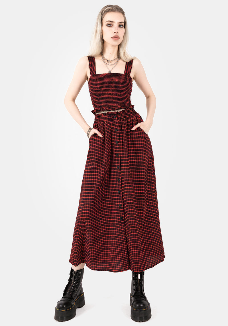Carmine Textured Check Button Up Midaxi Skirt