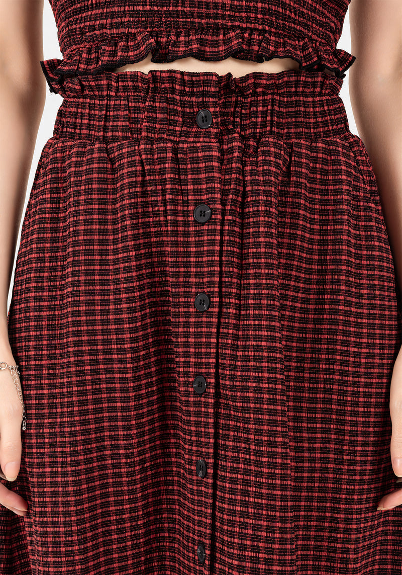 Carmine Textured Check Button Up Midaxi Skirt
