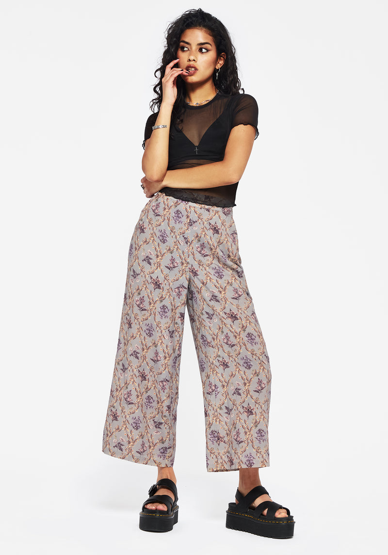 Blossom Floral Tile Printed Wide Leg Culotte Trousers