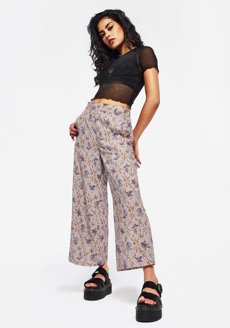 Blossom Floral Tile Printed Wide Leg Culotte Trousers