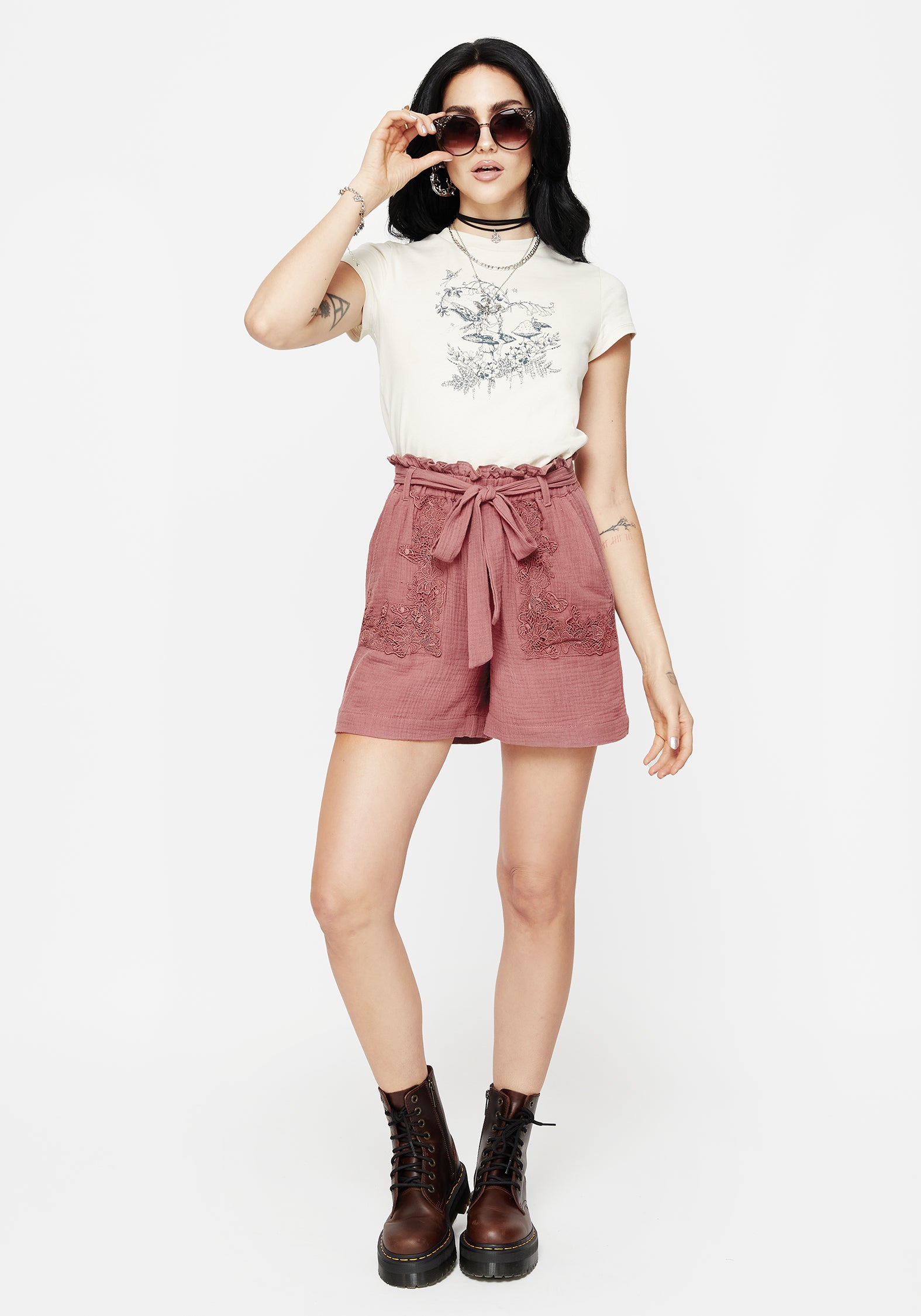 Rosamoth Applique Trim Cotton Tie Waist Shorts