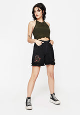 Aster Floral Embroidered Mid Length Denim Shorts