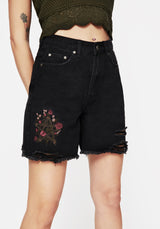 Aster Floral Embroidered Mid Length Denim Shorts