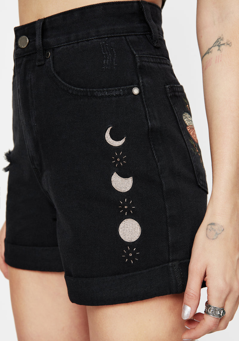 Griffinfly Embroidered Distressed Denim Shorts