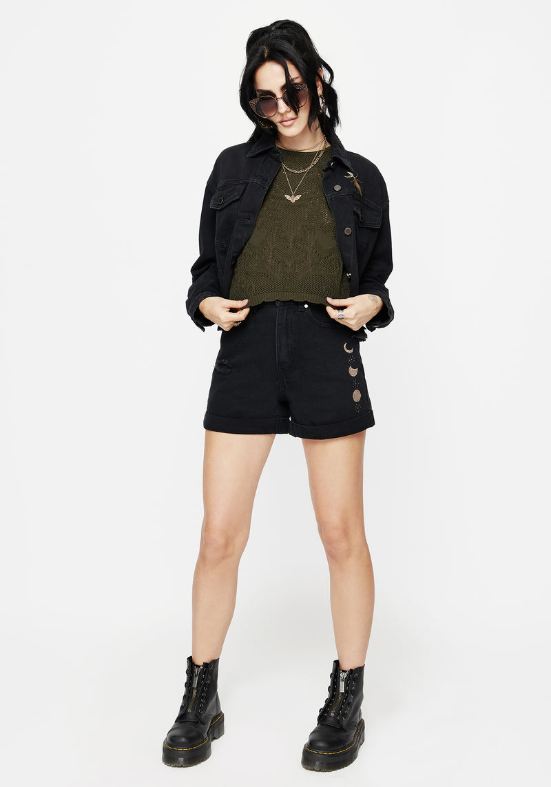 Griffinfly Embroidered Distressed Denim Shorts