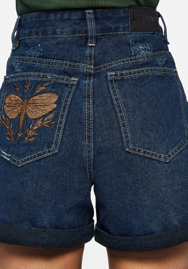 Griffinfly Embroidered Distressed Denim Shorts - Blue