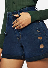 Griffinfly Embroidered Distressed Denim Shorts - Blue