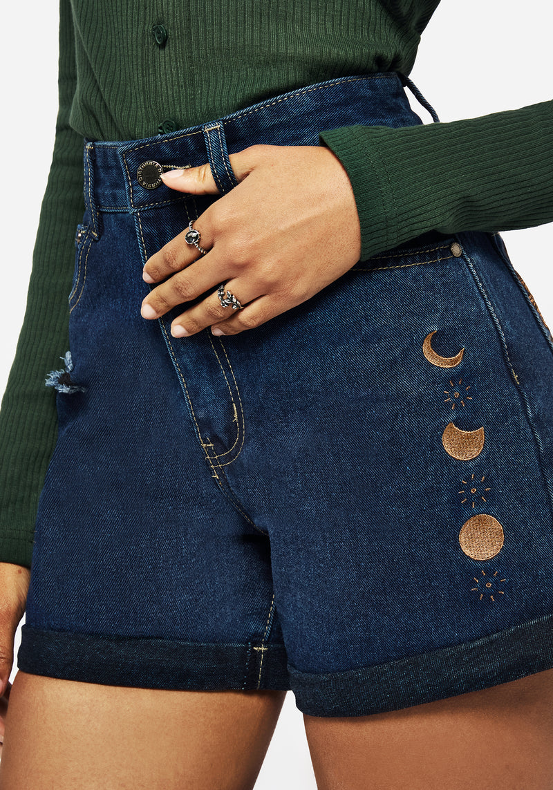 Griffinfly Embroidered Distressed Denim Shorts - Blue