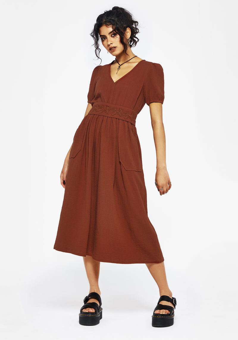 Tiana Cotton Applique Trim Midi Dress