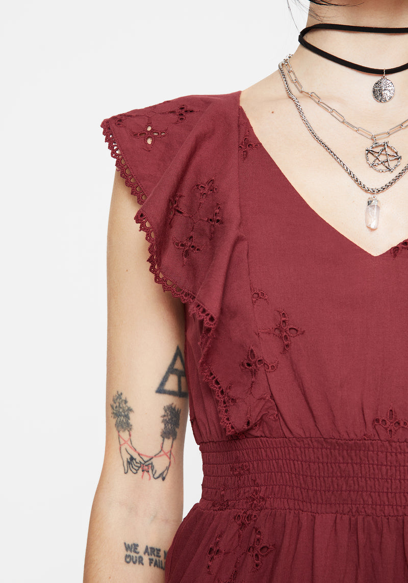 Crux Broderie Cotton V-Neck Frill Maxi Dress