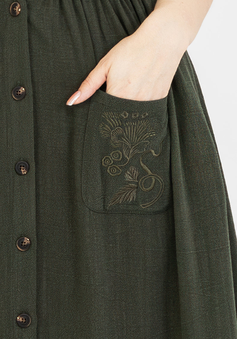 Foliate Linen-Blend Embroidered Button Up Midi Dress - Green