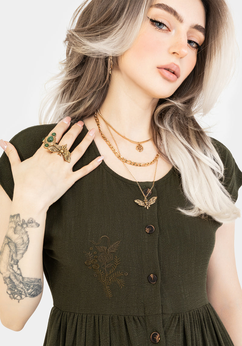 Foliate Linen-Blend Embroidered Button Up Midi Dress - Green