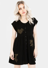 Foliate Linen-Blend Embroidered Button Up Mini Dress - Black