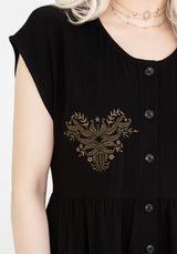 Foliate Linen-Blend Embroidered Button Up Mini Dress - Black