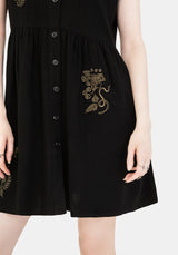 Foliate Linen-Blend Embroidered Button Up Mini Dress - Black