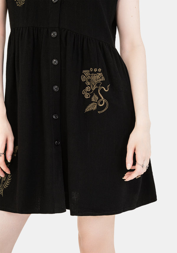Foliate Linen-Blend Embroidered Button Up Mini Dress - Black
