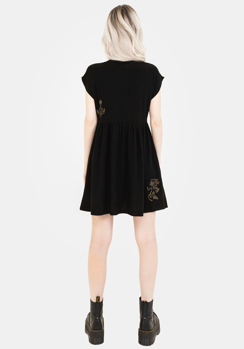 Foliate Linen-Blend Embroidered Button Up Mini Dress - Black