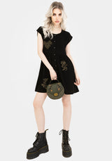 Foliate Linen-Blend Embroidered Button Up Mini Dress - Black