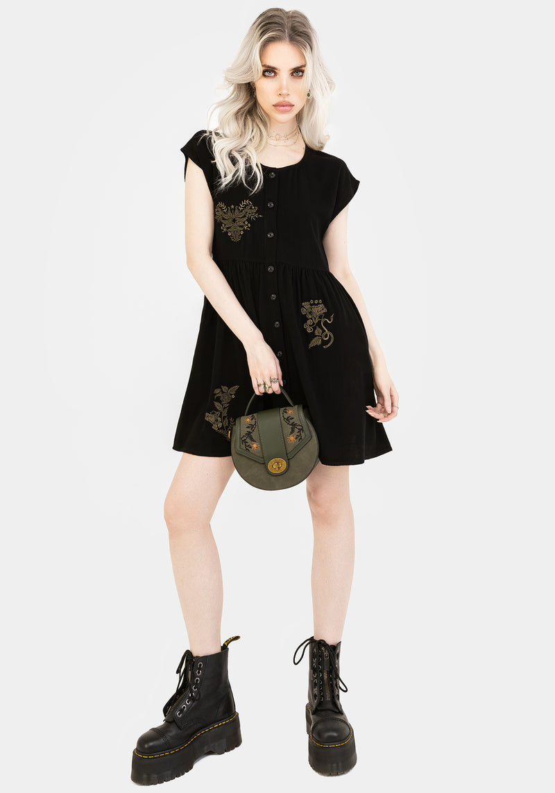 Foliate Linen-Blend Embroidered Button Up Mini Dress - Black