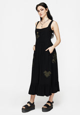 Foliate Linen-Blend Embroidered Sleeveless Midi Dress - Black