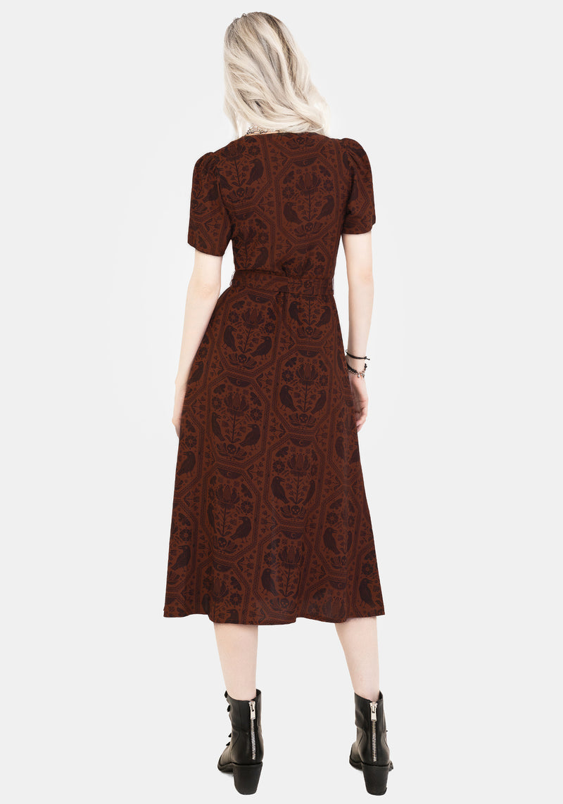 Annabel Raven Print Button Up Midi Dress - Rust