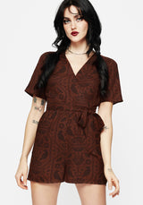 Annabel Raven Print Tie Waist Playsuit - Rust