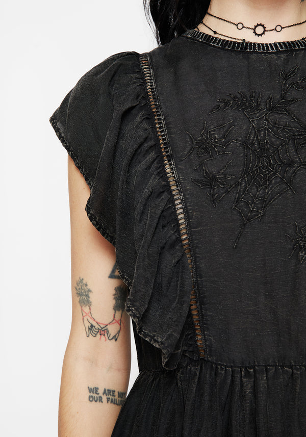 Eartha Cotton Embroidered Frill Detail Mini Dress