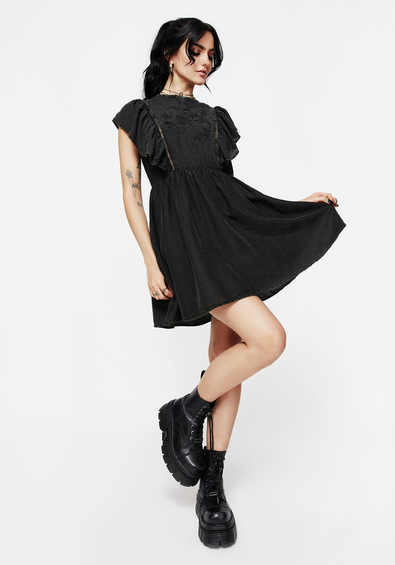 Eartha Cotton Embroidered Frill Detail Mini Dress