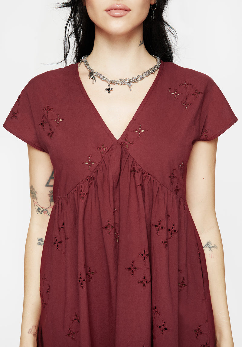 Crux Broderie Cotton Smock Mini Dress - Red