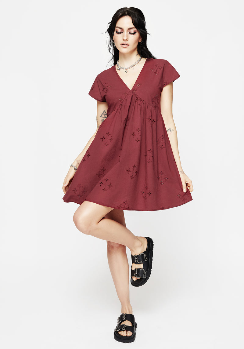 Crux Broderie Cotton Smock Mini Dress - Red