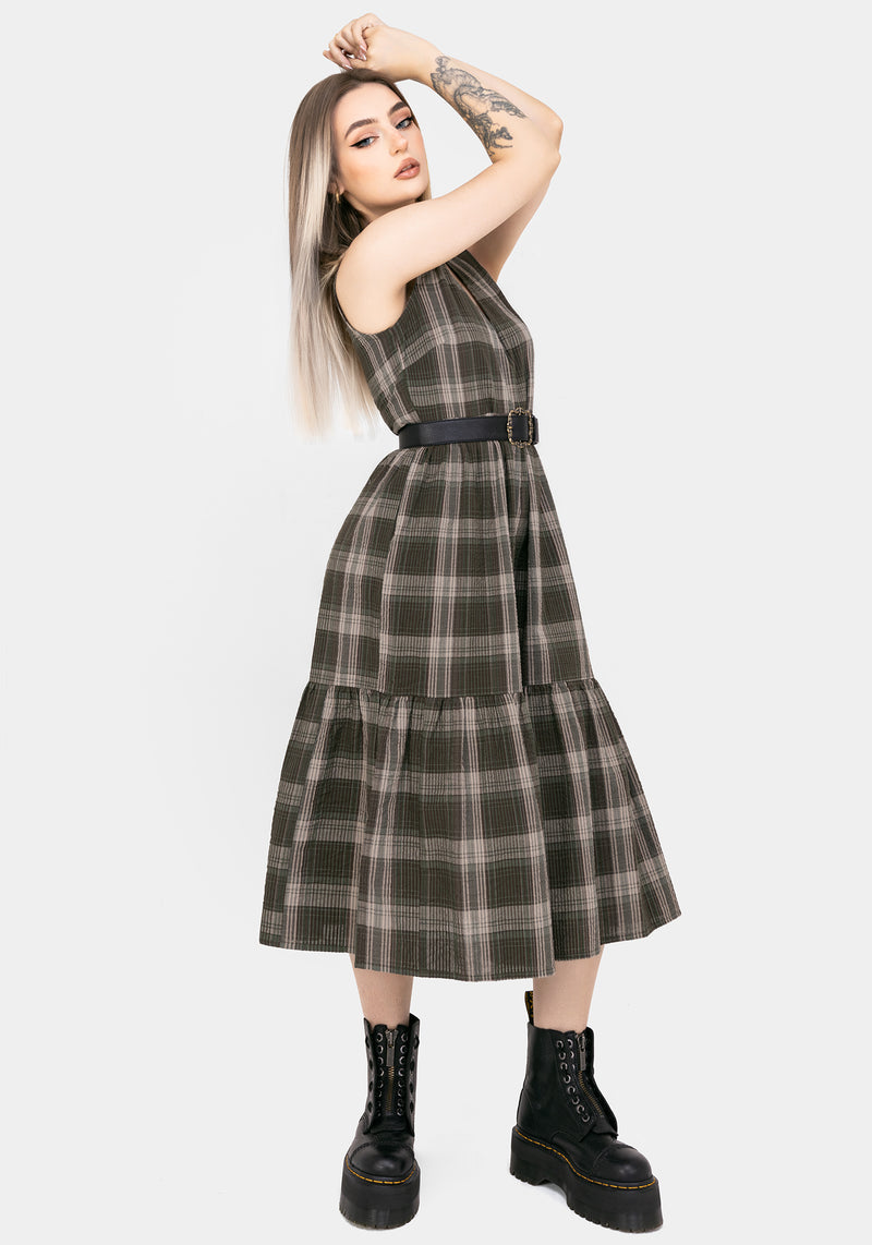 Clara Cotton Check Sleeveless Tiered Smock Midi Dress
