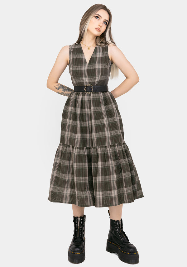 Clara Cotton Check Sleeveless Tiered Smock Midi Dress
